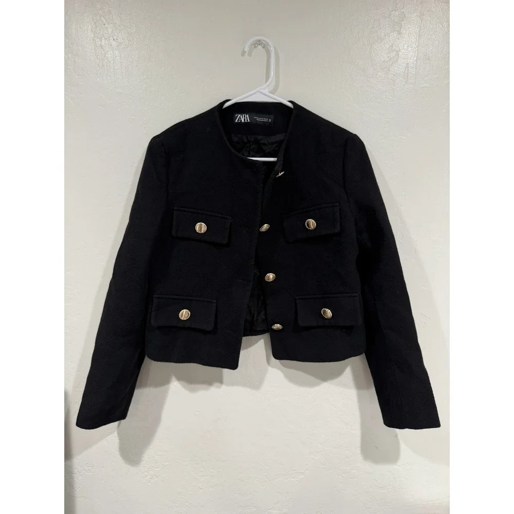 Zara Black Textured Cropped Jacket Gold Crest Buttons Military Style XS